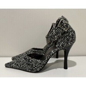 Carrini women size 9  fabric black and white pointed toes heel ankle strap shoes